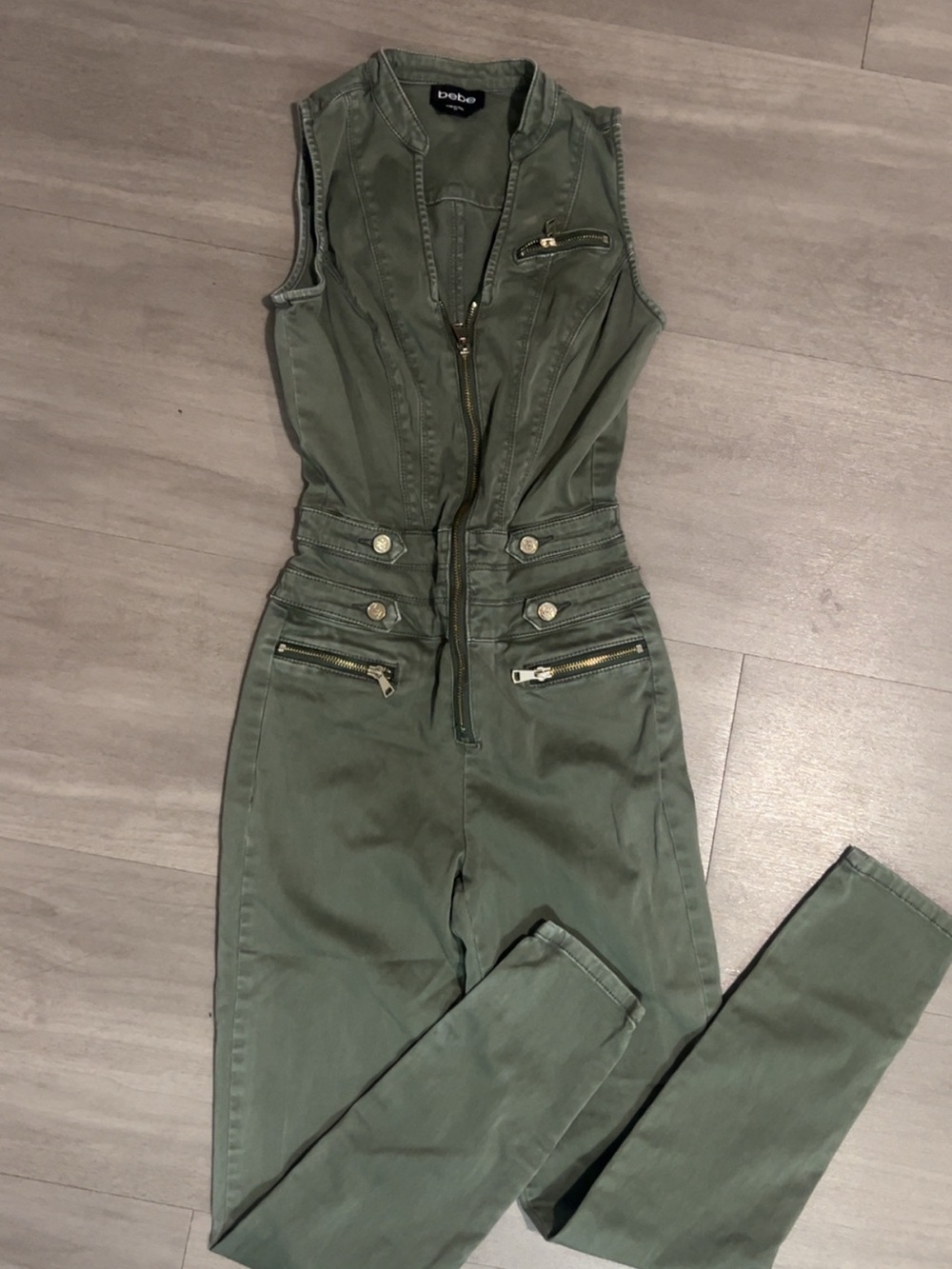 bebe Olive Zip Jumpsuit with Gold Hardware